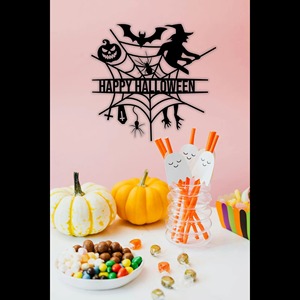 Arte de pared de Halloween con diseño de bruja, calabaza y elementos espeluznantes, decoración colgante de metal para la entrada del hogar y para celebraciones de fiestas - Product Image 5