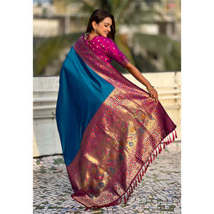 Elite Weaves Blue Silk Saree with Paithani Pallu Kadiyal Zari Woven Elegant <b>Club</b> <b>Dresses</b> 0.65g - Product Image 3