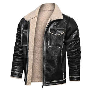 Veste en cuir PU noir pour homme, col rabattu, fermeture éclair, doublure en sherpa, style motard, manteau d'hiver - Product Image 1