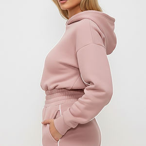 Sweat-shirt à capuche rose pour femmes grandes tailles, couleur unie, manches longues, tricoté, respirant, pour l'automne, avec poches, coupe classique - Product Image 3