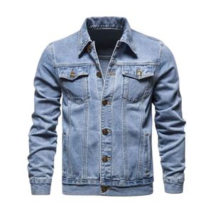 Veste en jean vintage bleu clair délavé pour homme, en pur coton, style camionneur, boutonnée, délavée, décontractée, col rabattu - Product Image 1
