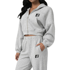 Conjunto de Sudadera con Capucha Corta para Mujer, Color Gris Sólido, Manga Larga, Cierre Frontal con Cremallera, Logotipo, Ropa Casual de Otoño, Sudaderas de Felpa - Product Image 1