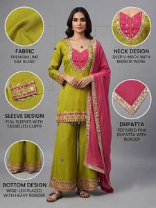 Conjunto de Kurti y Palazzo de Cristal Romano para Mujer con Dupatta de Cuadros Kota y Trabajo de Espejo Real, Traje Étnico Completamente Cosido - Product Image 5