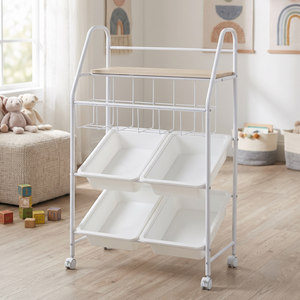 4 Tier <b>Rolling</b> Storage Cart with 4 White Bins Metal Frame Multilayer Organizer for Food and Kitchen Use - Product Image 2