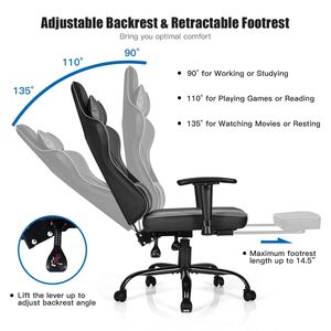 Fauteuil de massage inclinable noir pour le gaming avec accoudoirs et repose-pieds réglables pour la maison ou le bureau - Product Image 6