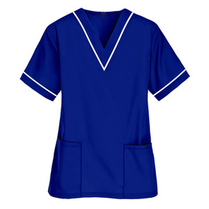 Blusa Médica Azul Rey con Cuello en V y Manga Corta con Ribete Blanco para Enfermeras de Hospital - Product Image 1