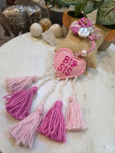 Handmade Big Sis Little Sis Rakhi Tassel, Decorative Rakhi Latkan with Pearl Beads, Crochet Flowers, Crystal Beads, <b>Sister</b> Rakhi - Product Image 3
