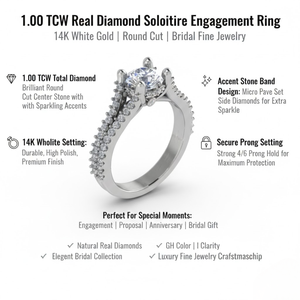 Bague de fiançailles solitaire en diamant véritable 1,00 TCW pour femme en or blanc 14 carats |   Bijoux de mariée raffinés à taille ronde avec pierres d'appoint - Product Image 5