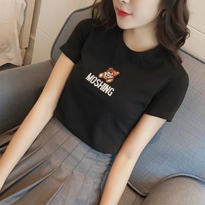 เสื้อยืดผ้าฝ้ายผู้หญิงสีชมพูแขนสั้นคอกลมปักลายการ์ตูนหมีเสื้อลำลองฤดูร้อน - Product Image 5