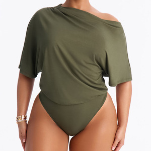 Casual <b>Asymmetrical</b> Olive Green Women's Off The Shoulder Solid Color Bodysuit Short Sleeve Stretch Knitted Summer Style Sexy Fit - Product Image 1