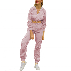Women's <b>Pink</b> 2 Piece Tracksuit Set Full Sleeve <b>Crop</b> <b>Top</b> With Drawstring Pants Casual Sportswear Solid Color Loose Fit All Season - Product Image 1