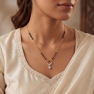 Elegant <b>Rose</b> Gold Plated 9K Yellow Gold IGI Certified Mangalsutra <b>Black</b> Beaded Chain Geometric Diamond-Studded Double Square - Product Image 3