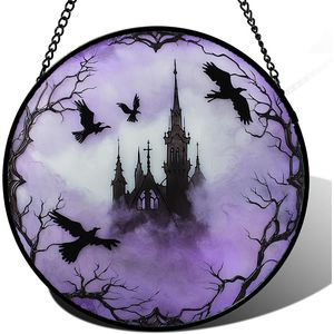 Atrapasueños gótico de Halloween para jardín y hogar, atrapasueños de humo púrpura, atrapasueños de cristal con diseño de cuervo, decoración de Halloween para ventana. - Product Image 1