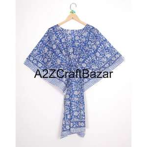 Kaftán Corto Hecho a Mano en India con Estampado Floral, Ecológico, Lavable, Ropa de Dormir Natural, Kimono, Vestido, Cubrebaño Corto para la Playa - Product Image 6