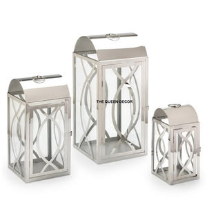 <b>Set</b> Of 3 Different Sizes Concrete Unique Candle Jar Traditional Look Stainless Steel Metal and Glass <b>Lanterns</b> - Product Image 4