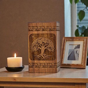 Handcrafted Wooden Urn with Tree of Life Carved Cremation Urn for Human Ashes Memorial <b>Keepsake</b> <b>Box</b> Funeral Urn - Product Image 3