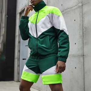 Men's Color Blocking Sporty Windbreaker Jacket And <b>Shorts</b> Set Stand Collar Breathable <b>Polyester</b> Summer Outerwear - Product Image 3