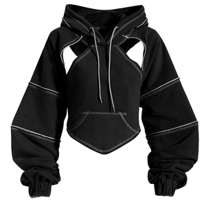 Sudadera Corta con Capucha Negra para Mujer, Manga Farol, Dobladillo Asimétrico, Tejido de Algodón, Largo Completo, Ropa de Otoño - Product Image 1