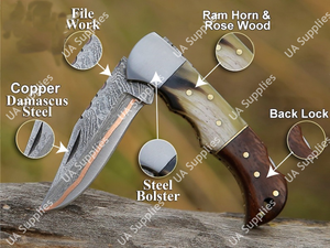 Couteau pliant EDC ergonomique en corne de cerf et bois de rose, acier Damas cuivré, 1 lame, facile à transporter, OEM DIY, pour voyage, randonnée, pêche - Product Image 2