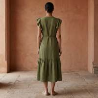 Robe mi-longue en coton filé à la main vert olive pour femmes, avec volants, tissu léger, style doux, coupe régulière, style A-line