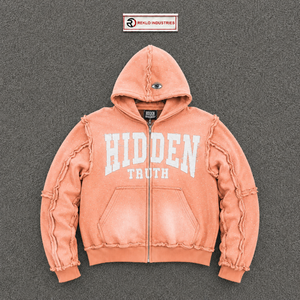 เสื้อฮู้ดแฟชั่นพีชลายปัก "HIDDEN TRUTH" แบบสั่งทำพิเศษสำหรับผู้ชาย ทรงโอเวอร์ไซส์ มีซิปด้านหน้า กระเป๋าเสื้อแบบมีซิป ผ้าฝ้ายเฟรนช์เทอร์รี่ ใส่สบาย เหมาะสำหรับฤดูหนาว - Product Image 5