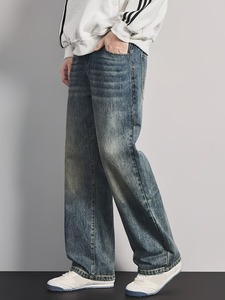 Vaqueros de mezclilla de pierna ancha teñidos estilo vintage para hombre |   Pantalones Azules Holgados de Corte Relajado |   Pantalones Vaqueros Retro de Pierna Recta para un Estilo Casual y Urbano - Product Image 3