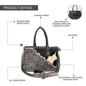 Western Cowhide Leather Tote Bag With Floral Tooled Design 16 Inch Adjustable <b>Shoulder</b> <b>Strap</b> For Women - Product Image 4