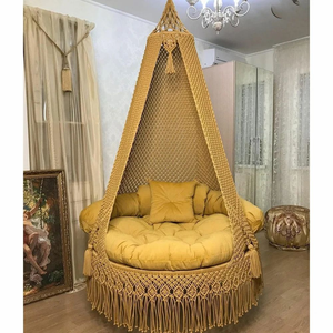 Bohemia Macram Swing <b>Chair</b> in Mustard Yellow Color with Cotton Rope, Velvet Cushion and Iron Frame for Indoor Outdoor Home Decor - Product Image 1