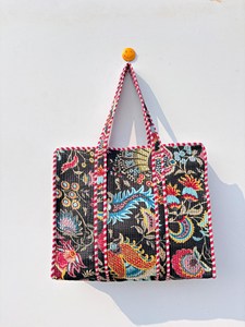 Sac fourre-tout en coton noir pour femmes, avec imprimé floral multicolore, style bohème, sac à main d'été décontracté avec fermeture éclair, sac de voyage pour femmes - Product Image 1