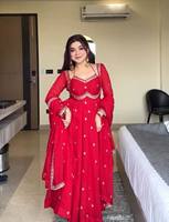 Baju Anarkali Georgette Merah Dengan Bordir Putih Tradisional, Model Longgar, Panjang Lantai, Pakaian Etnik Wanita Untuk Pernikahan