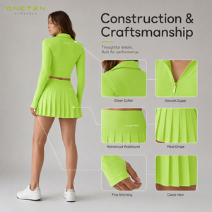 Ensemble de tennis respirant en maille pour femme avec jupe-short zippée, extensible, léger et ajusté, vert - Product Image 3