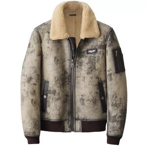 Blouson aviateur en cuir véritable pour homme, doublure en fausse fourrure, coupe-vent, style moto, col rabattable, coupe classique - Product Image 6