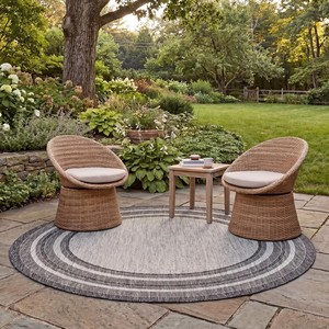 <b>Round</b> Striped Area <b>Rug</b> Modern Flat Weave Polypropylene Non-Slip Rubber Backing Living Room Use Thin 0.2-0.4 in - Product Image 3