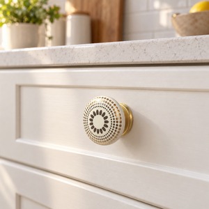 SHUBHAM Decorative <b>Ceramic</b> Cabinet <b>Knob</b> with Brass Base – Ivory Brown Gold Dotted Floral <b>Drawer</b> Pull Handle for Furniture - Product Image 1