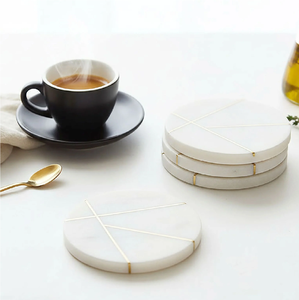 Natural <b>Marble</b> <b>Coaster</b> Set Round Shape Brass Line 100%Natural <b>Marble</b> <b>Coaster</b> For Table Decor - Product Image 1