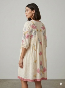Vestido Mini de Algodón con Cuello en V, Mangas Medias, Silueta Holgada, Diseño Sólido, Ropa Casual de Fiesta para Mujer, Decoración Floral, Verano - Product Image 4
