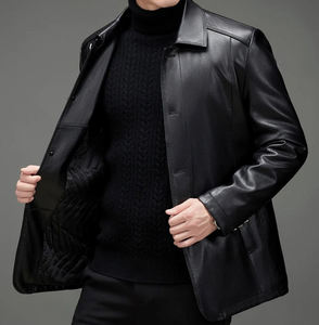 Veste en cuir PU noir de haute qualité pour homme, col rabattu, fermeture à boutons simple, vêtement décontracté pour l'automne - Product Image 2