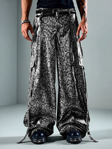 Snake Print <b>Leather</b> <b>Trousers</b> Lambskin Embossed Pattern Wide Leg Baggy Cut Side Pockets Glossy Grey and Burgundy - Product Image 5