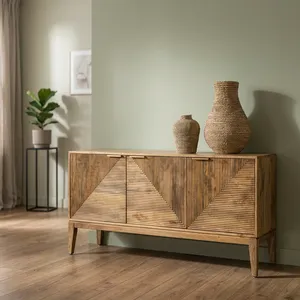 Buffet en bois recyclé vintage avec deux portes géométriques sculptées, meuble TV rustique, meuble de rangement artisanal - Product Image 3