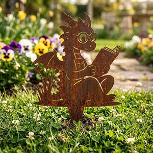 Drachen-Buch-Lesender Metall-Gartenstecker, Wetterbeständige Pulverbeschichtung, Outdoor-Gartenkunst - Product Image 2