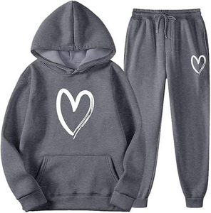 Ensemble de survêtement gris à capuche pour femme, fermeture à cordon, manches longues, tenue décontractée, été, 100 % coton, motif uni, écologique - Product Image 1
