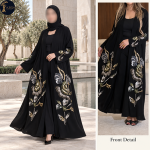 Opulento Vestido Abaya Botánico para Mujer con Mangas Largas y Corte Fluido |   Ropa Musulmana con Bordado Floral Metálico y Detalle en la Espalda - Product Image 2