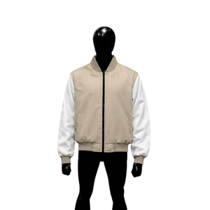 Veste universitaire en satin beige avec manches blanches, veste bomber de baseball haut de gamme pour hommes et femmes, style veste Letterman, vente en gros - Product Image 1