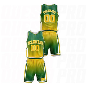 Ensemble de maillots de basket-ball personnalisés sublimés, dégradé vert-jaune, col en V, sans manches, respirant, en maille, taille élastique, uniforme - Product Image 1