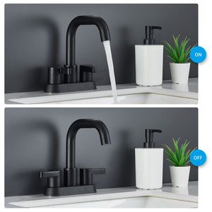 Rubinetti per lavabo a 3 fori, neri opachi, con 2 maniglie, interasse 4 pollici, con scarico a scomparsa e tubi di alimentazione acqua - Product Image 2