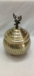Vintage Brass Storage Jar with Deer Handle Lid Engraved Decorative <b>Container</b> Antique Style Trinket Box Handmade Metal Candy - Product Image 4