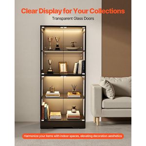 65 alta vetrina illuminata porte di vetro 4-Tier curiosità per oggetti da collezione libreria libreria per soggiorno camera da letto ufficio - Product Image 4