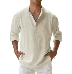 Camiseta de lino casual de manga larga para hombre, cuello alto, color liso, estilo suéter holgado para primavera, camisa de algodón para comercio transfronterizo - Product Image 5