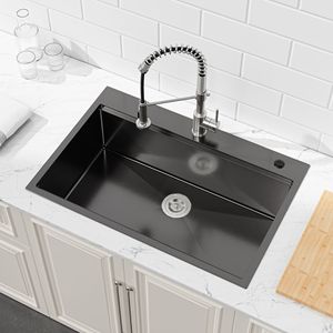 Lavello da cucina singolo in acciaio inossidabile fatto a mano 33x22 pollici con tagliere e scolapiatti integrati, nero, da incasso, spedizione immediata - Product Image 6