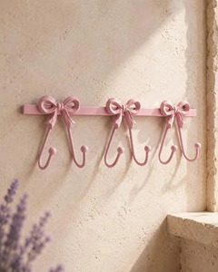 Premium <b>Bow</b> Design Pink Towel <b>Holder</b> With 3 Hooks For Bathroom Kitchen Wash Basin Area Cute Stylish Wall Mounted Rack Use - Product Image 1